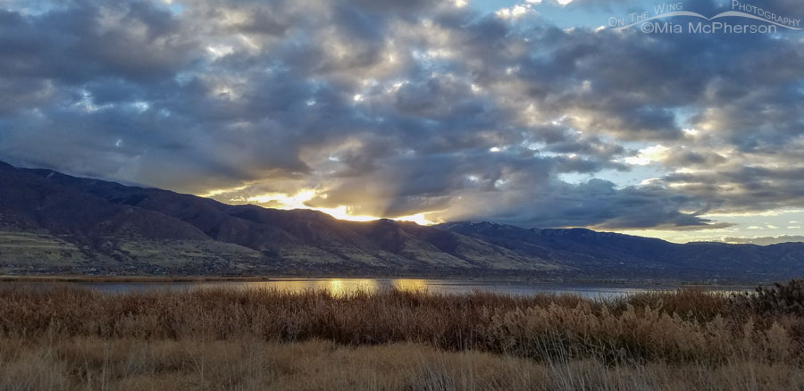 Cloudy sunrise over the Wasatch Mountains, Farmington Bay WMA, Davis County, Utah