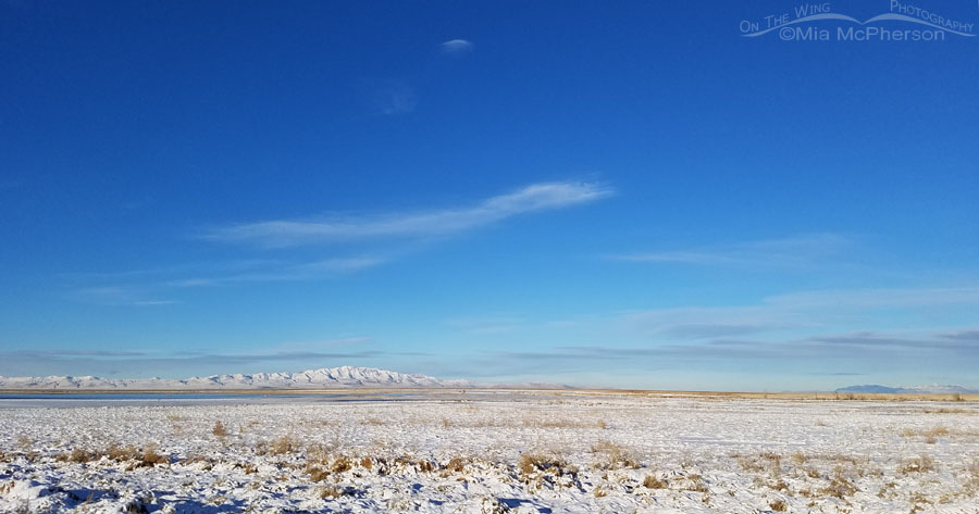 Farmington Bay view of snowy Antelope Island, Davis County, Utah