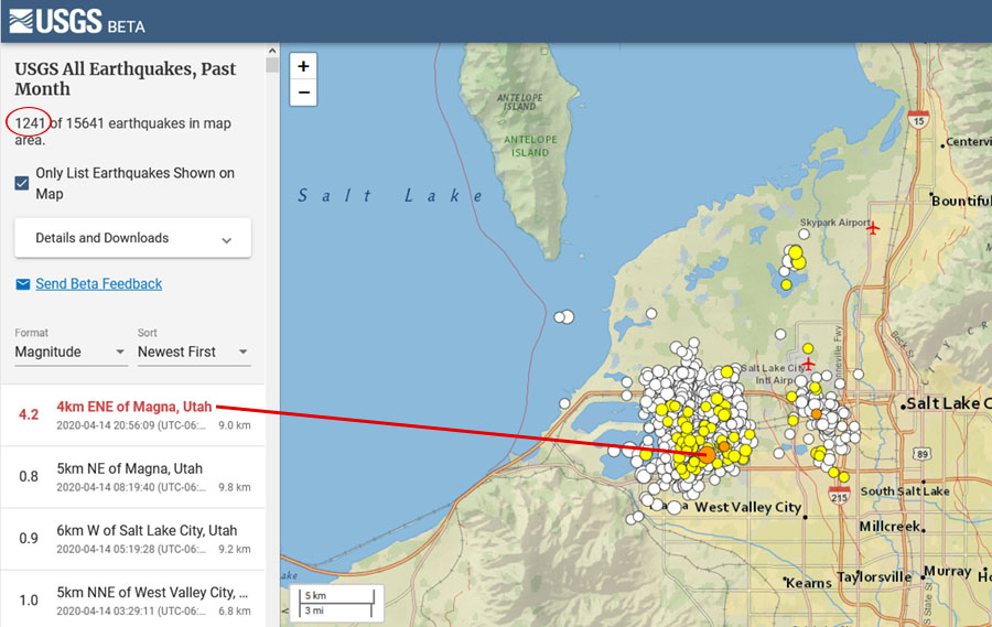 USGS Earthquake map April 15, 2020