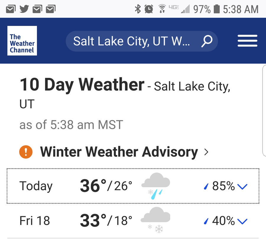 Two day weather forecast for Salt Lake City, December 17 2020