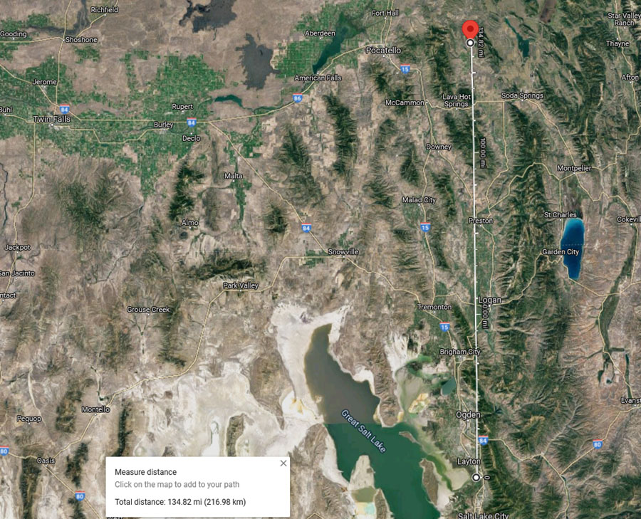 American White Pelican with purple wing tag 123 - Map showing distance from tagging to my sighting