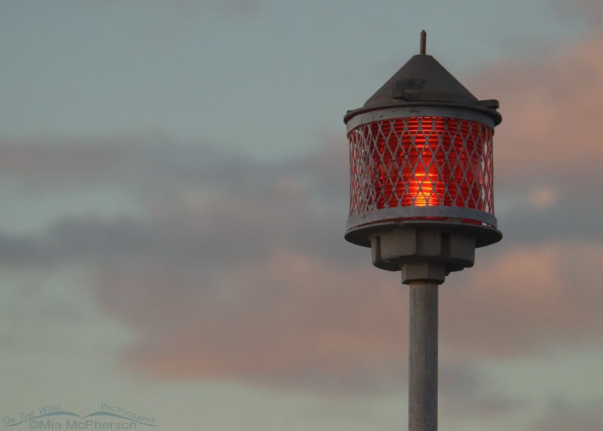 The light at the end of the Gulf Pier at Ft De Soto as the sun begins to set, Pinellas County, Florida