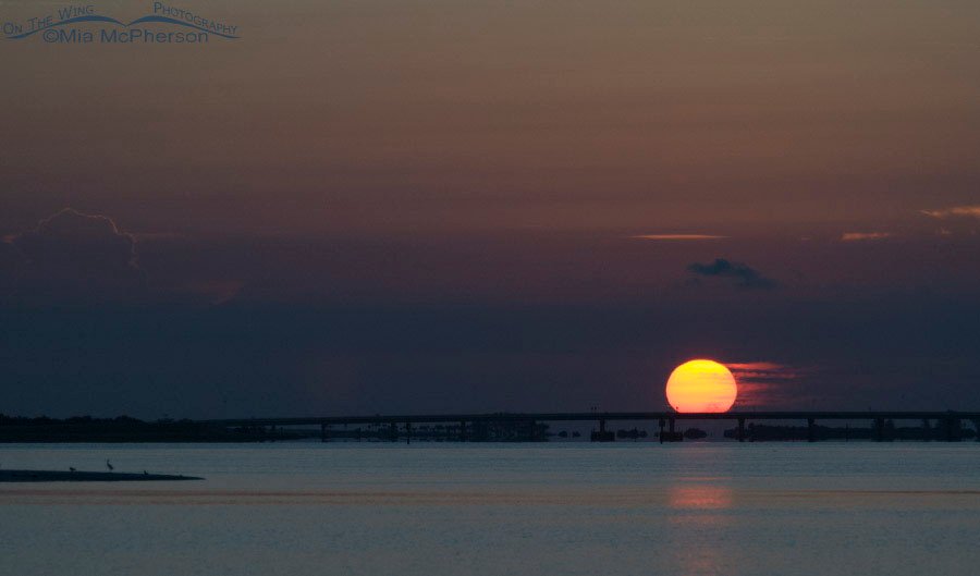 The sun appears to be resting on the bridge before dawn, Fort De Soto County Park, Pinellas County, Florida