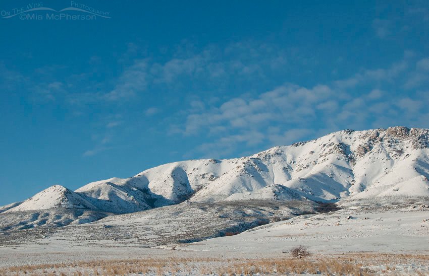 Snowy view of Antelope Island State Park’s mountains, northern Utah