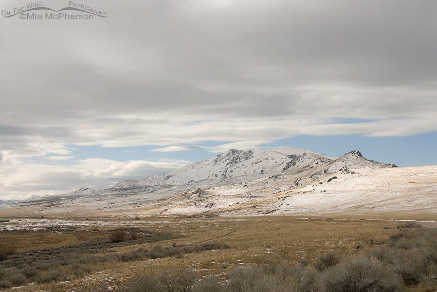 Low hanging clouds over Frary Peak on Antelope Island State Park, Davis County, Utah