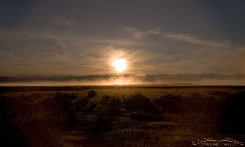 Sunrise and rising lake mist at the Lower Lake of Red Rock Lakes National Wildlife Refuge, Centennial Valley, Beaverhead County, Montana